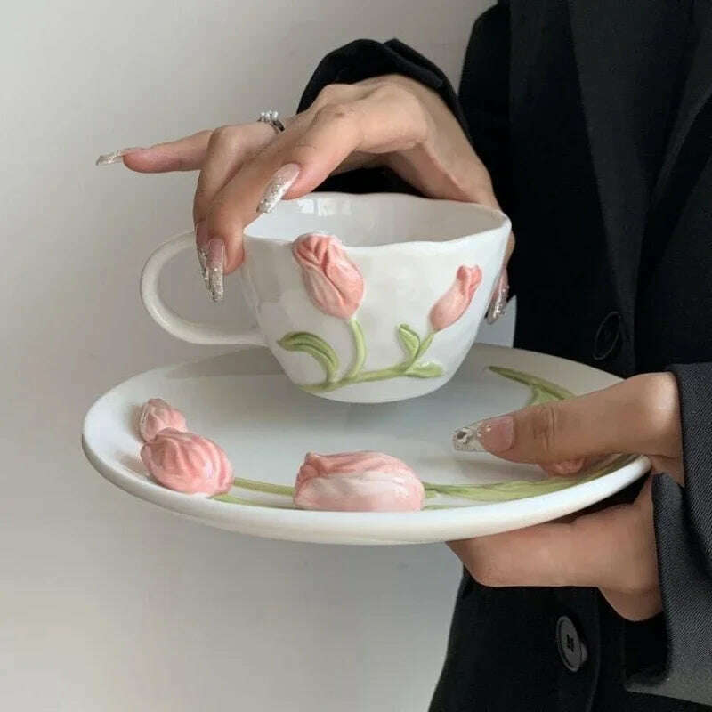 KIMLUD, Tulip Ceramic Mugs 3D Embossed Hand Pinched Irregular Coffee Cups Hand-painted Flower Milk Tea Cup Breakfast Mug holiday gifts, KIMLUD Womens Clothes
