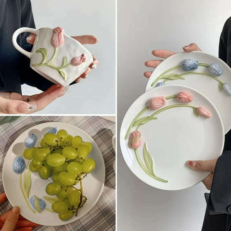 KIMLUD, Tulip Ceramic Mugs 3D Embossed Hand Pinched Irregular Coffee Cups Hand-painted Flower Milk Tea Cup Breakfast Mug holiday gifts, KIMLUD Womens Clothes