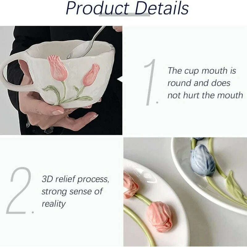 KIMLUD, Tulip Ceramic Mugs 3D Embossed Hand Pinched Irregular Coffee Cups Hand-painted Flower Milk Tea Cup Breakfast Mug holiday gifts, KIMLUD Womens Clothes