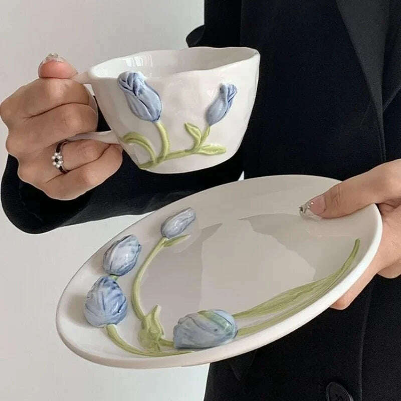 KIMLUD, Tulip Ceramic Mugs 3D Embossed Hand Pinched Irregular Coffee Cups Hand-painted Flower Milk Tea Cup Breakfast Mug holiday gifts, Blue set, KIMLUD APPAREL - Womens Clothes