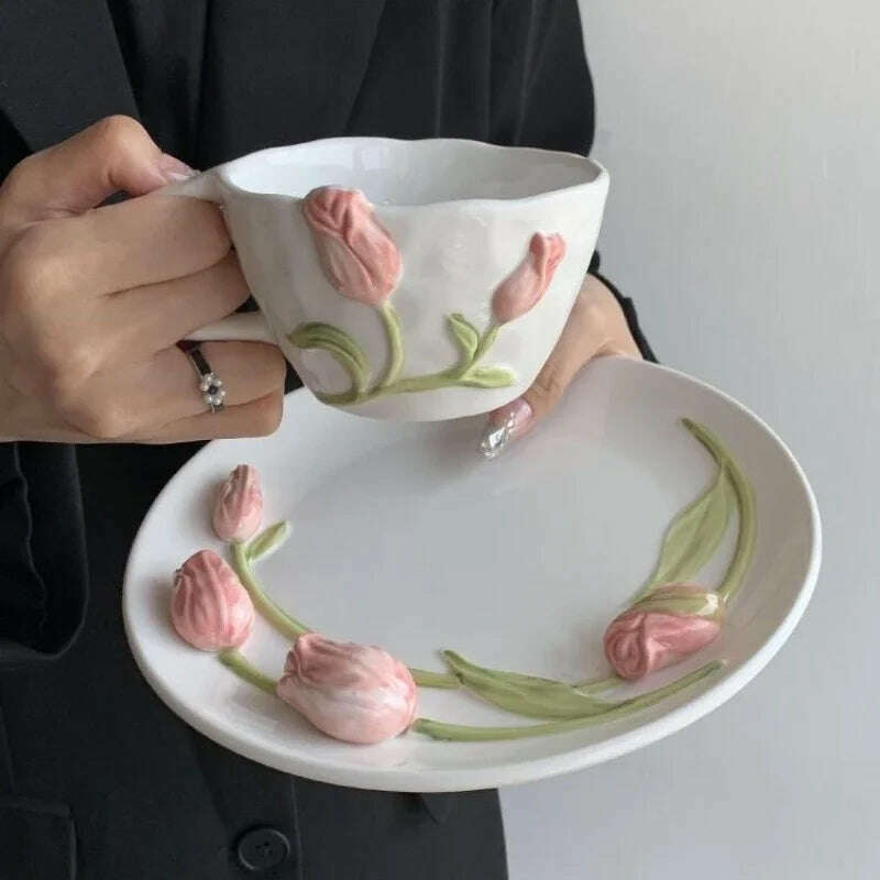 KIMLUD, Tulip Ceramic Mugs 3D Embossed Hand Pinched Irregular Coffee Cups Hand-painted Flower Milk Tea Cup Breakfast Mug holiday gifts, Pink set, KIMLUD APPAREL - Womens Clothes