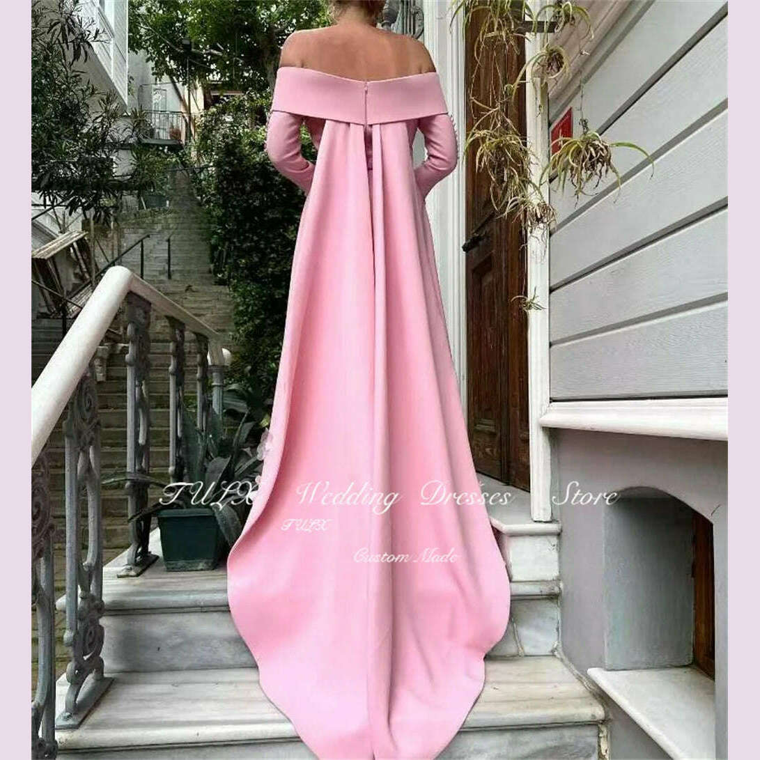 KIMLUD, TULX Evening Dresses Crepe Off the Shoulder Appliques 3D Floral Exquisite Floor Length Pink Luxurious السعود For Woman 2025, KIMLUD Womens Clothes