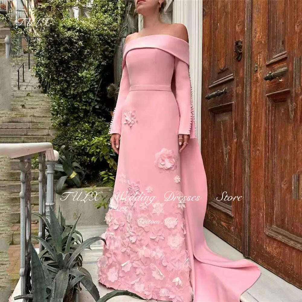 KIMLUD, TULX Evening Dresses Crepe Off the Shoulder Appliques 3D Floral Exquisite Floor Length Pink Luxurious السعود For Woman 2025, same as picture / 4, KIMLUD APPAREL - Womens Clothes