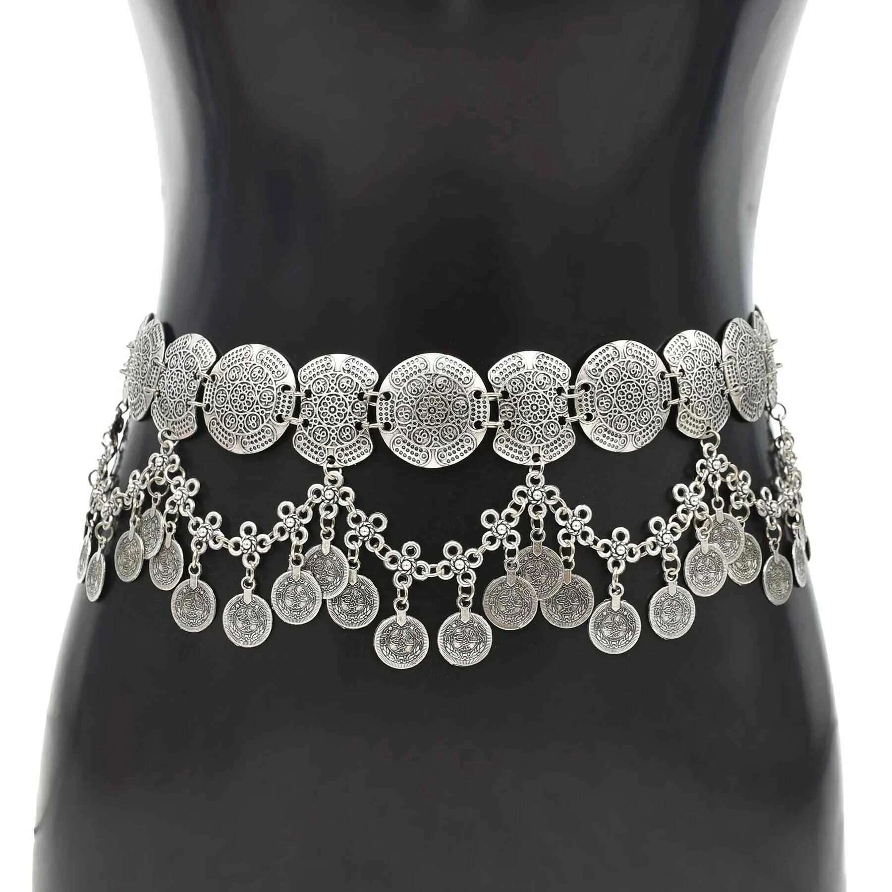 Turkey Afghan Belly Dance Belt Metal Waist Chains For Women Boho Vintage Silver Color Coin Long Tassel Body Chains Party Jewelry - KIMLUD