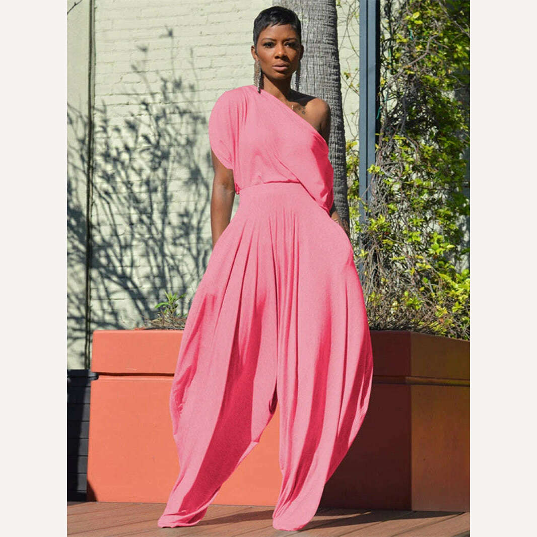KIMLUD, Two 2 Piece Sets Outfits for Women Tracksuit Summer Clothing Off Shoulder T-Shirt Top Harem Pants Suit Casual 2 Piece Woman Sets, Pink / S / CN, KIMLUD APPAREL - Womens Clothes