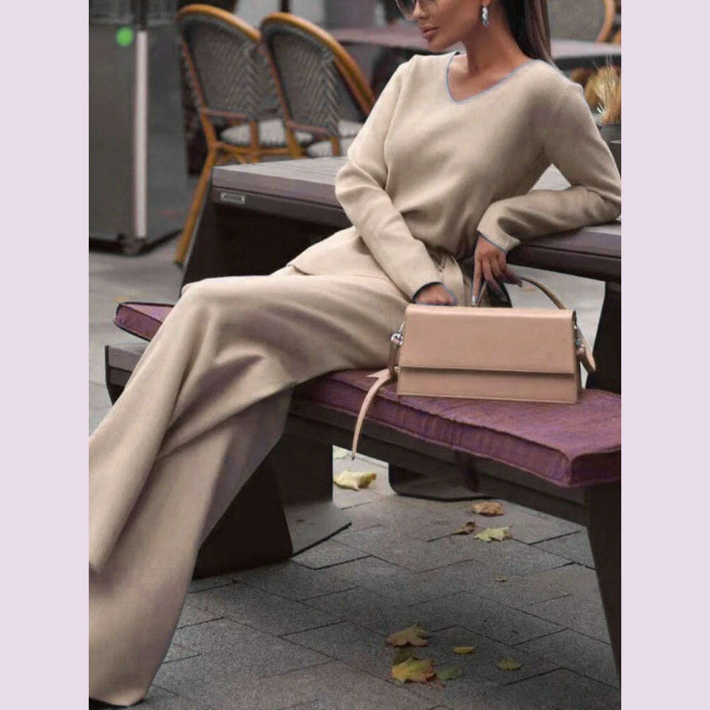 Two Piece Pant Sets for Women Casual V-neck Knitted Sweater Suits New Elegant Women's Sweater with Belt and Wide Leg Pant Sets - KIMLUD
