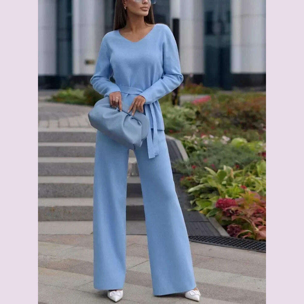 Two Piece Pant Sets for Women Casual V-neck Knitted Sweater Suits New Elegant Women's Sweater with Belt and Wide Leg Pant Sets - KIMLUD