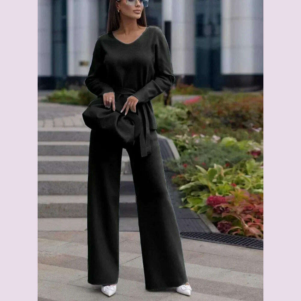 Two Piece Pant Sets for Women Casual V-neck Knitted Sweater Suits New Elegant Women's Sweater with Belt and Wide Leg Pant Sets - KIMLUD