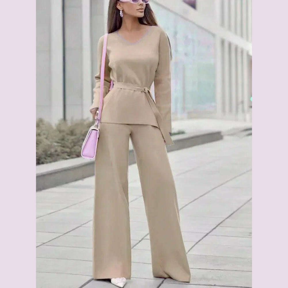 Two Piece Pant Sets for Women Casual V-neck Knitted Sweater Suits New Elegant Women's Sweater with Belt and Wide Leg Pant Sets - KIMLUD