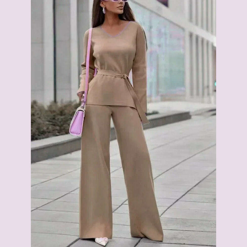 Two Piece Pant Sets for Women Casual V-neck Knitted Sweater Suits New Elegant Women's Sweater with Belt and Wide Leg Pant Sets - KIMLUD
