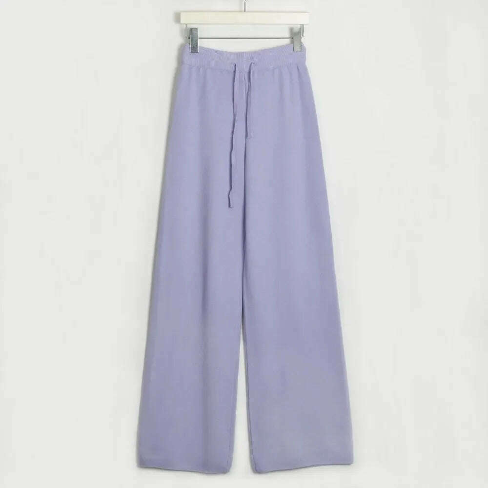 Two Piece Pant Sets for Women Casual V-neck Knitted Sweater Suits New Elegant Women's Sweater with Belt and Wide Leg Pant Sets - KIMLUD