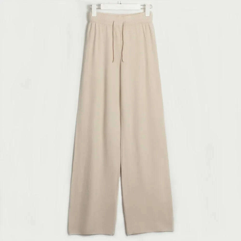 Two Piece Pant Sets for Women Casual V-neck Knitted Sweater Suits New Elegant Women's Sweater with Belt and Wide Leg Pant Sets - KIMLUD