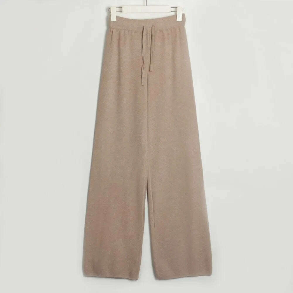 Two Piece Pant Sets for Women Casual V-neck Knitted Sweater Suits New Elegant Women's Sweater with Belt and Wide Leg Pant Sets - KIMLUD