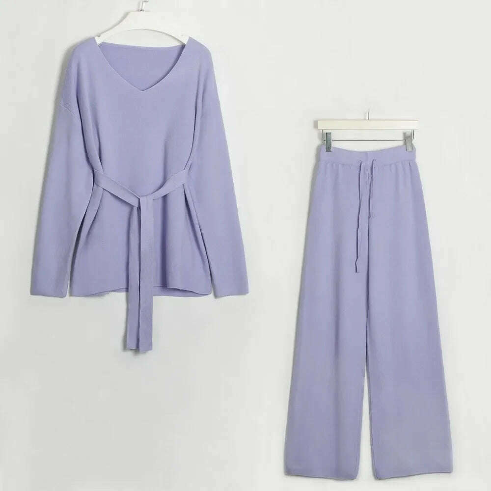 Two Piece Pant Sets for Women Casual V-neck Knitted Sweater Suits New Elegant Women's Sweater with Belt and Wide Leg Pant Sets - KIMLUD