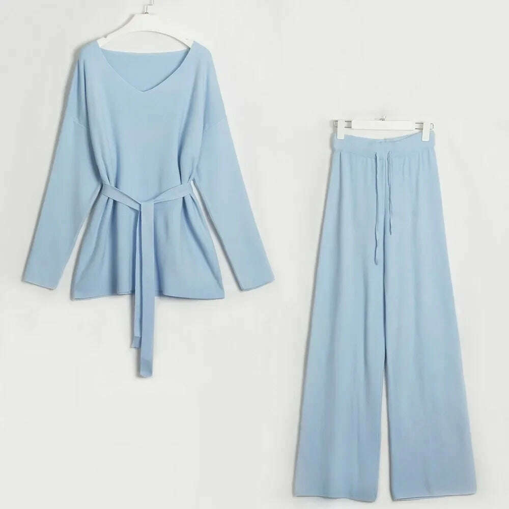 Two Piece Pant Sets for Women Casual V-neck Knitted Sweater Suits New Elegant Women's Sweater with Belt and Wide Leg Pant Sets - KIMLUD