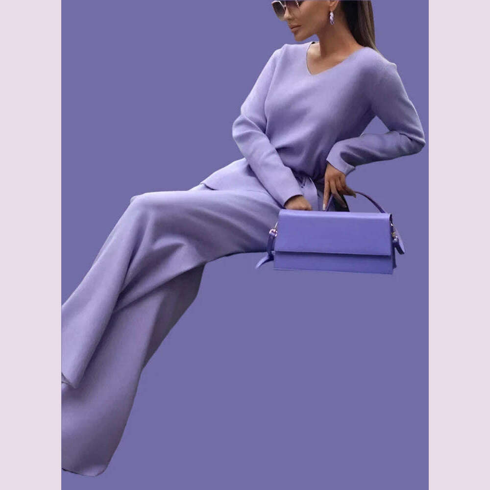 Two Piece Pant Sets for Women Casual V-neck Knitted Sweater Suits New Elegant Women's Sweater with Belt and Wide Leg Pant Sets - KIMLUD