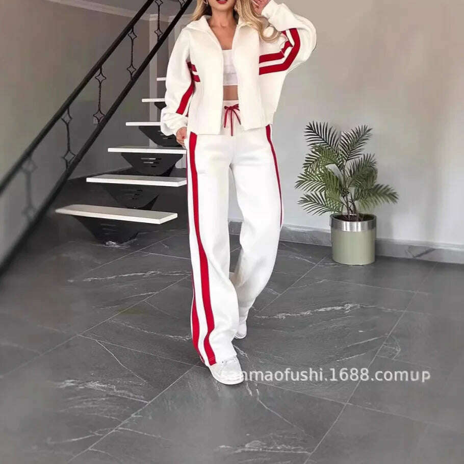KIMLUD, Two Piece Set Women Fashion Striped Splicing Lapel Zipper Coat High Waist Pants Outfit Autumn Winter Long Sleeve Suit Tracksuit, WHITE / M, KIMLUD APPAREL - Womens Clothes