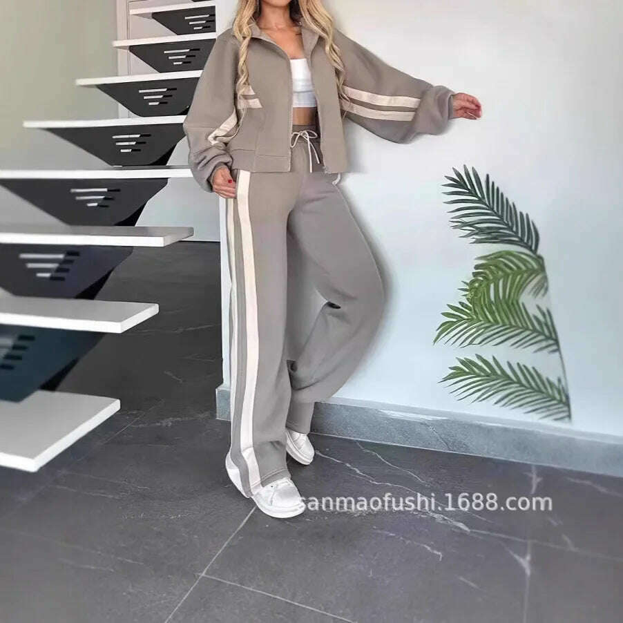 KIMLUD, Two Piece Set Women Fashion Striped Splicing Lapel Zipper Coat High Waist Pants Outfit Autumn Winter Long Sleeve Suit Tracksuit, KIMLUD Womens Clothes