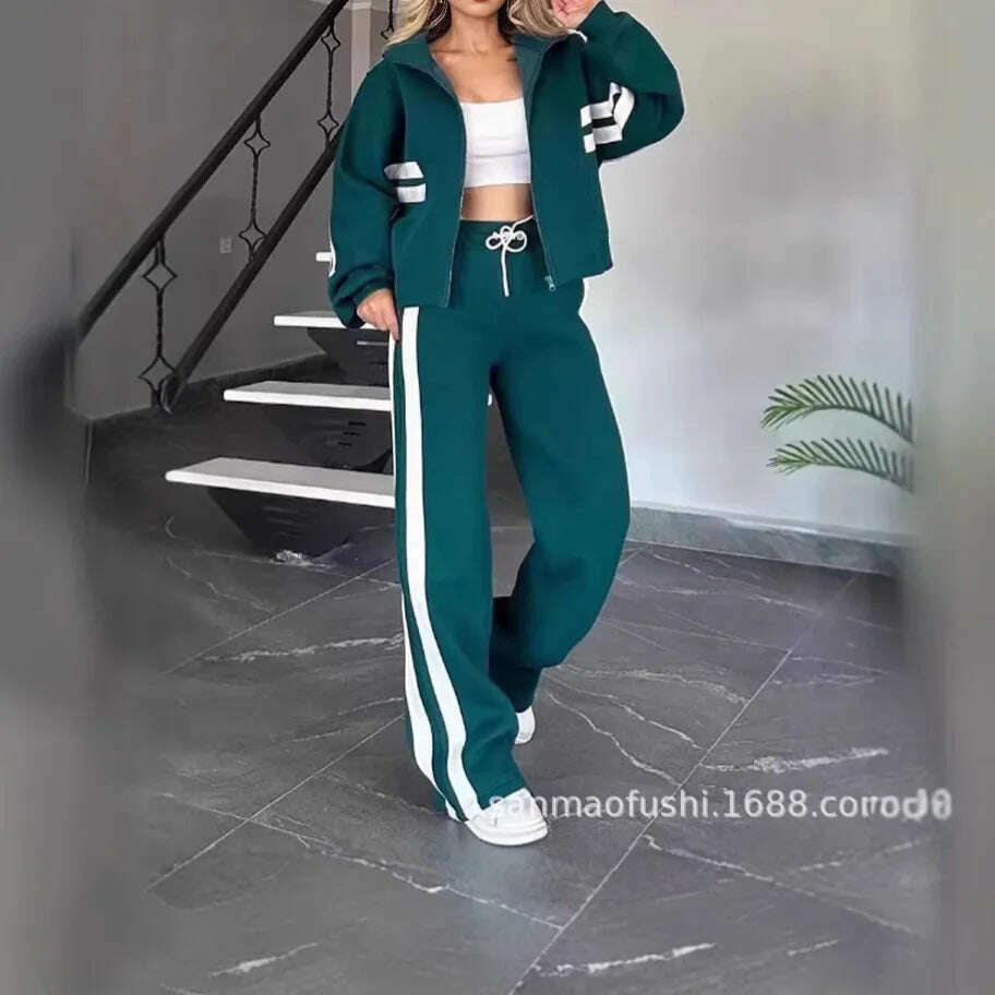 KIMLUD, Two Piece Set Women Fashion Striped Splicing Lapel Zipper Coat High Waist Pants Outfit Autumn Winter Long Sleeve Suit Tracksuit, KIMLUD Womens Clothes