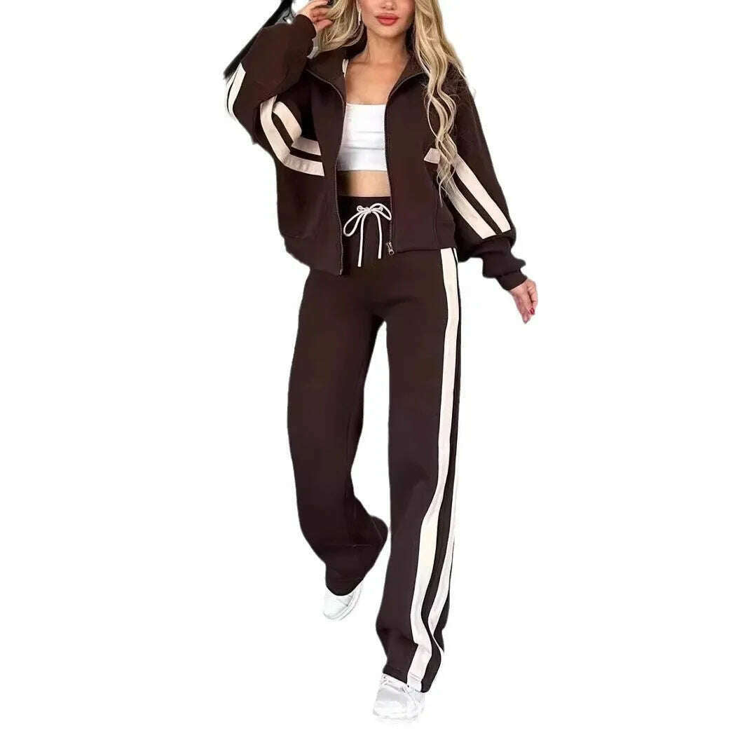KIMLUD, Two Piece Set Women Fashion Striped Splicing Lapel Zipper Coat High Waist Pants Outfit Autumn Winter Long Sleeve Suit Tracksuit, KIMLUD Womens Clothes