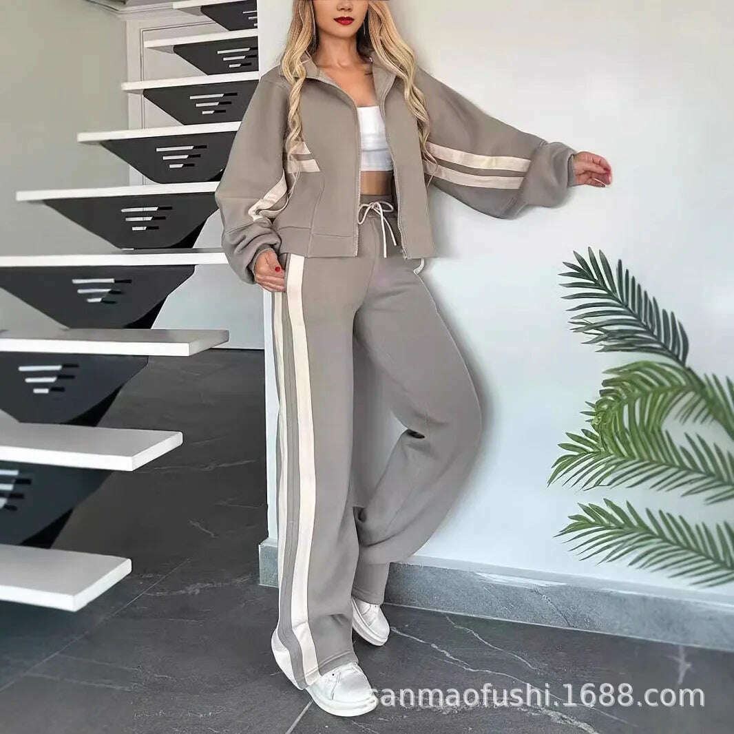 KIMLUD, Two Piece Set Women Fashion Striped Splicing Lapel Zipper Coat High Waist Pants Outfit Autumn Winter Long Sleeve Suit Tracksuit, Light Grey / S, KIMLUD APPAREL - Womens Clothes