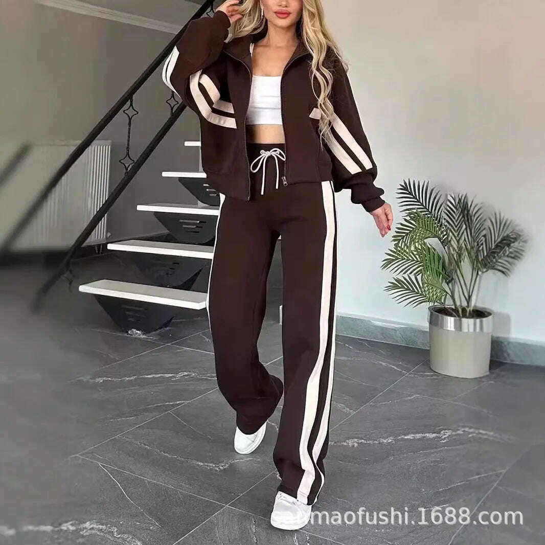 KIMLUD, Two Piece Set Women Fashion Striped Splicing Lapel Zipper Coat High Waist Pants Outfit Autumn Winter Long Sleeve Suit Tracksuit, Dark Brown / M, KIMLUD APPAREL - Womens Clothes