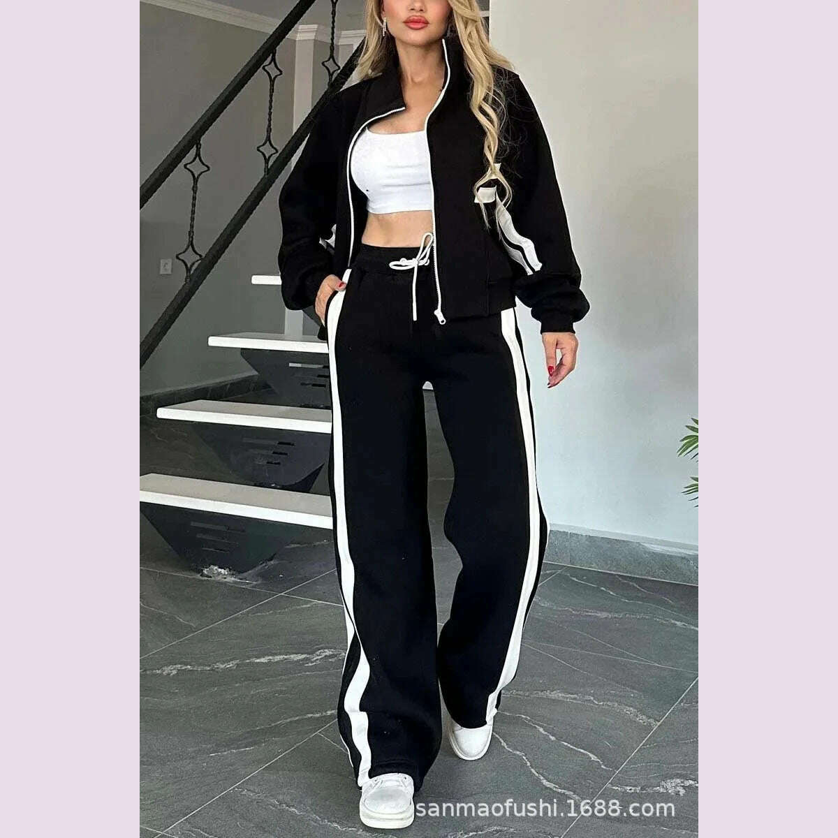 KIMLUD, Two Piece Set Women Fashion Striped Splicing Lapel Zipper Coat High Waist Pants Outfit Autumn Winter Long Sleeve Suit Tracksuit, black / M, KIMLUD APPAREL - Womens Clothes