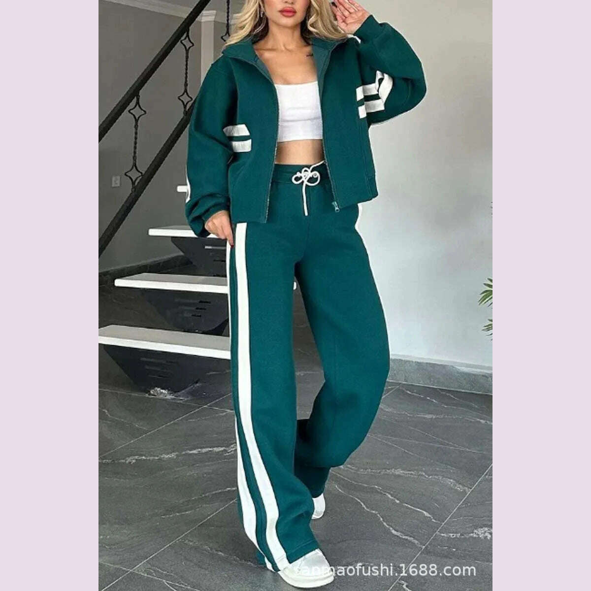 KIMLUD, Two Piece Set Women Fashion Striped Splicing Lapel Zipper Coat High Waist Pants Outfit Autumn Winter Long Sleeve Suit Tracksuit, green / S, KIMLUD APPAREL - Womens Clothes