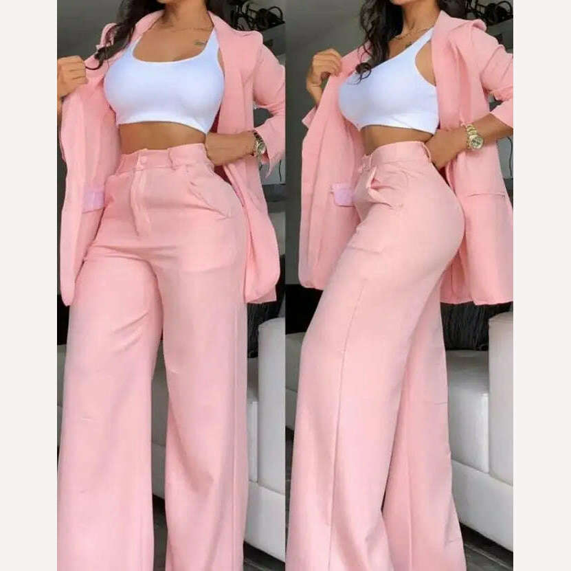 KIMLUD, Two Piece Set Women Outfit 2023 Autumn Fashion Notched Collar Long Sleeve Blazer Coat & Elegant Pocket Design Work Pants Set, A / S, KIMLUD Womens Clothes
