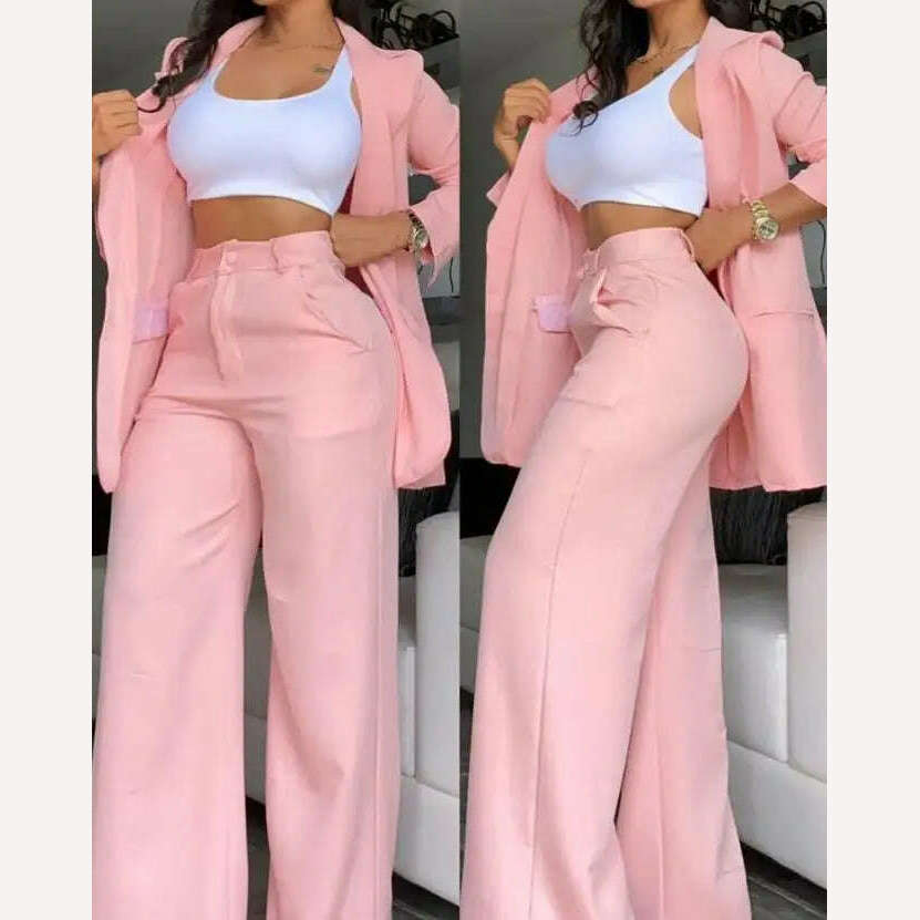 Two Piece Set Women Outfit 2023 Autumn Fashion Notched Collar Long Sleeve Blazer Coat & Elegant Pocket Design Work Pants Set - KIMLUD
