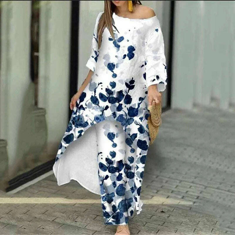 KIMLUD, Two Piece Sets O-Neck Long Sleeve Irregular Hem Long Top & Causal Loose Wide Leg Pants Suits Fashion Print Floral Comfort Sets, Style 4 / S, KIMLUD Womens Clothes