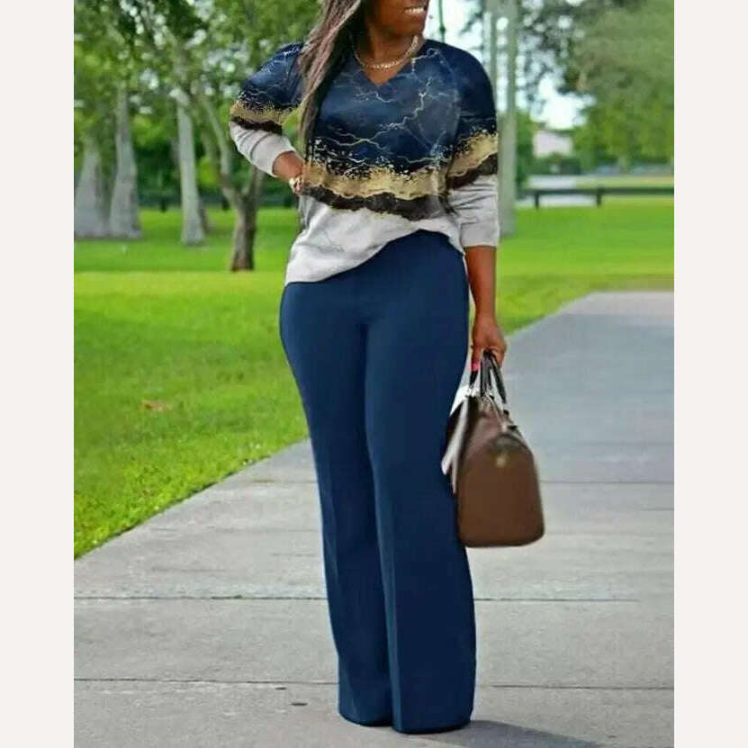 Two Piece Sets Womens Outifits 2023 Spring Fashion Marble Print V-Neck Long Sleeve Top & Casual High Waist Daily Long Pants Set - KIMLUD