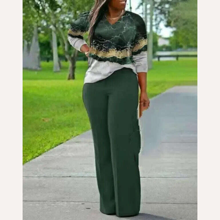 Two Piece Sets Womens Outifits 2023 Spring Fashion Marble Print V-Neck Long Sleeve Top & Casual High Waist Daily Long Pants Set - KIMLUD