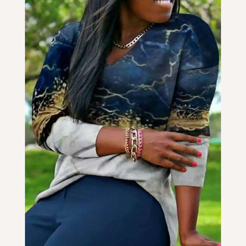 Two Piece Sets Womens Outifits 2023 Spring Fashion Marble Print V-Neck Long Sleeve Top & Casual High Waist Daily Long Pants Set - KIMLUD