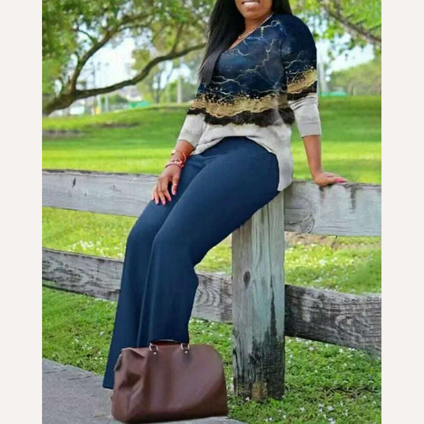 Two Piece Sets Womens Outifits 2023 Spring Fashion Marble Print V-Neck Long Sleeve Top & Casual High Waist Daily Long Pants Set - KIMLUD