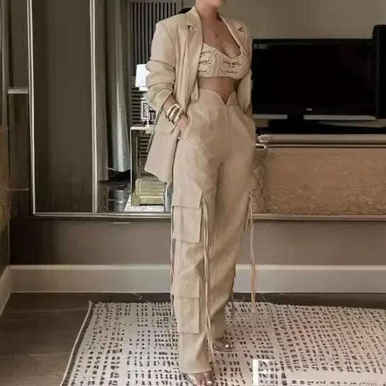 Two Piece Sets Womens Outifits Commuter Suit Solid Long Sleeve Turn Down Collar Tops and Wide Leg Pants with Multiple Pockets - KIMLUD