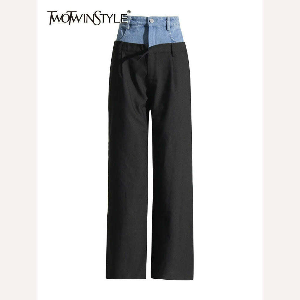 TWOTWINSTYLE Colorblock Casual Patchwork Loose Denim Pants For Women High Waist Spliced Button Wide Leg Pant Female Fashion 2023 - KIMLUD