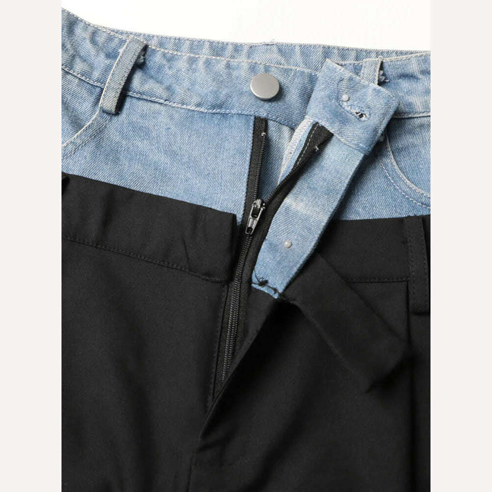 TWOTWINSTYLE Colorblock Casual Patchwork Loose Denim Pants For Women High Waist Spliced Button Wide Leg Pant Female Fashion 2023 - KIMLUD