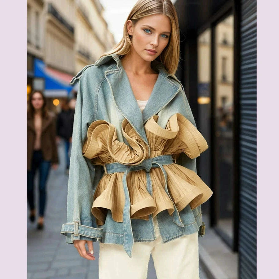 TWOTWINSTYLE Colorblock Designer Spliced Belt Coats For Women Lapel Long Sleeve Patchwork Ruffles Casual Loose Jacket Female New - KIMLUD