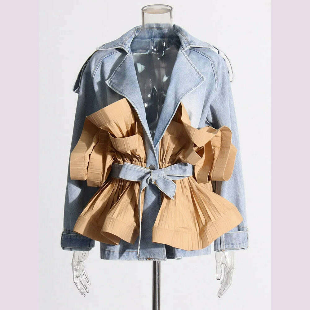 TWOTWINSTYLE Colorblock Designer Spliced Belt Coats For Women Lapel Long Sleeve Patchwork Ruffles Casual Loose Jacket Female New - KIMLUD