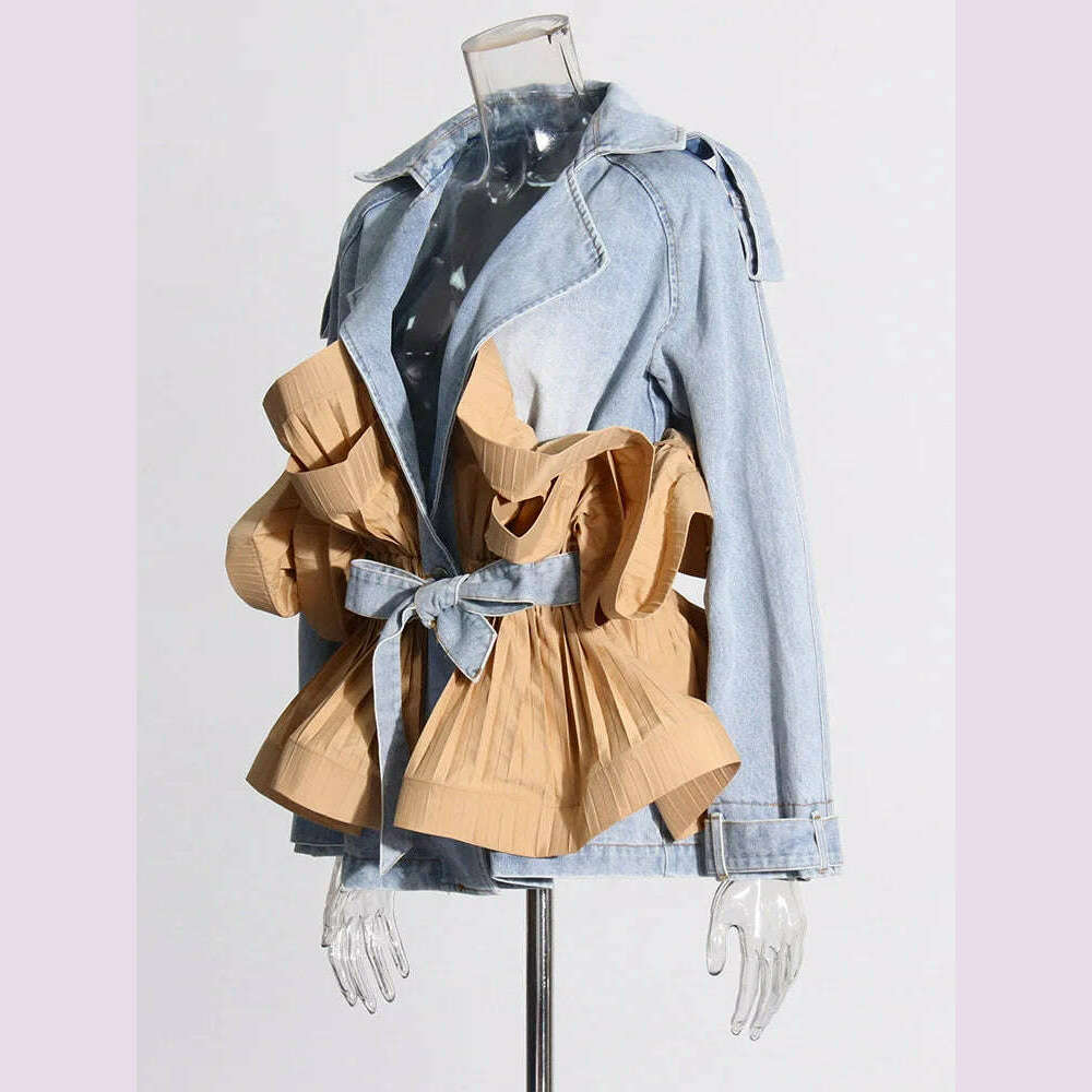 TWOTWINSTYLE Colorblock Designer Spliced Belt Coats For Women Lapel Long Sleeve Patchwork Ruffles Casual Loose Jacket Female New - KIMLUD