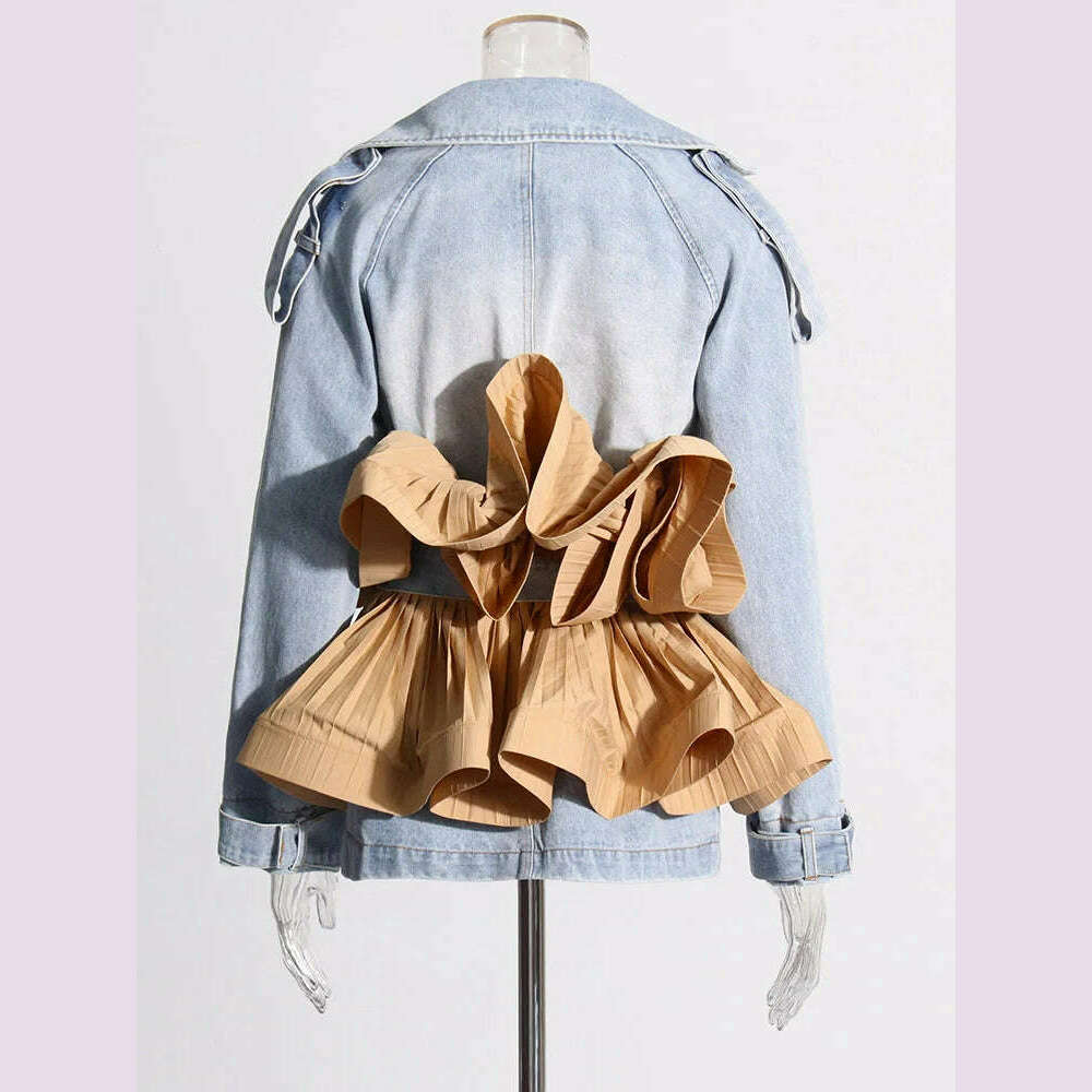 TWOTWINSTYLE Colorblock Designer Spliced Belt Coats For Women Lapel Long Sleeve Patchwork Ruffles Casual Loose Jacket Female New - KIMLUD