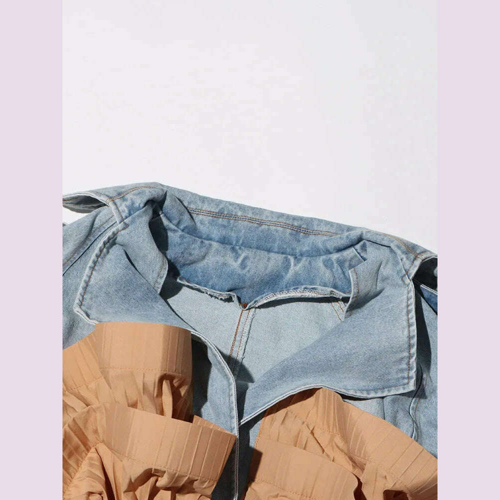 TWOTWINSTYLE Colorblock Designer Spliced Belt Coats For Women Lapel Long Sleeve Patchwork Ruffles Casual Loose Jacket Female New - KIMLUD