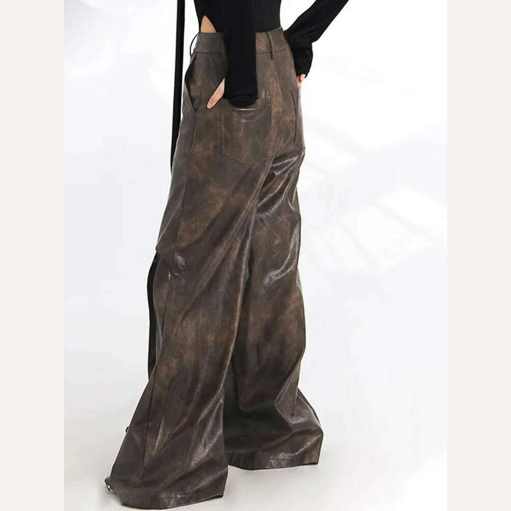 KIMLUD, TWOTWINSTYLE Colorblock Hollow Out Casual Loose Leather Pants High Waist Spliced Button Wide Leg Pant Female Fashion Clothing, KIMLUD Womens Clothes