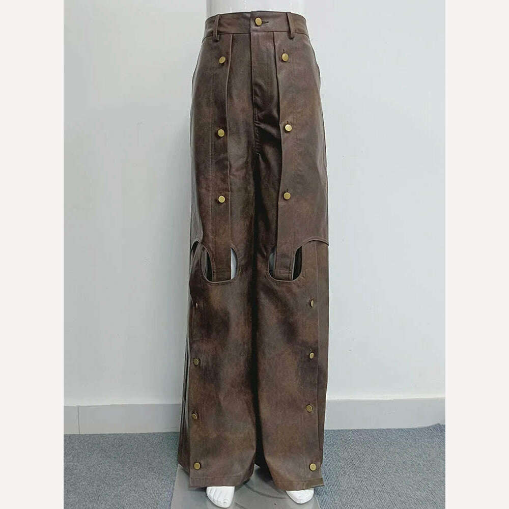 KIMLUD, TWOTWINSTYLE Colorblock Hollow Out Casual Loose Leather Pants High Waist Spliced Button Wide Leg Pant Female Fashion Clothing, KIMLUD Womens Clothes