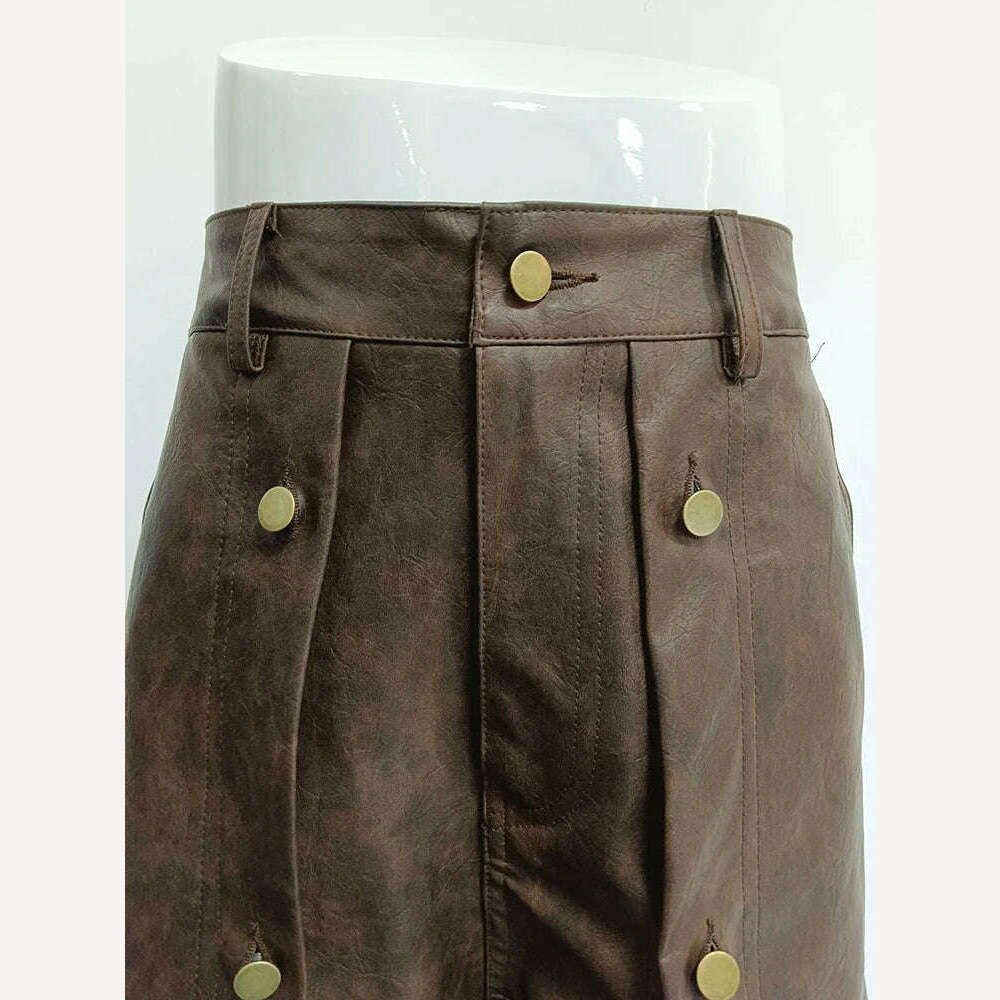 KIMLUD, TWOTWINSTYLE Colorblock Hollow Out Casual Loose Leather Pants High Waist Spliced Button Wide Leg Pant Female Fashion Clothing, KIMLUD Womens Clothes