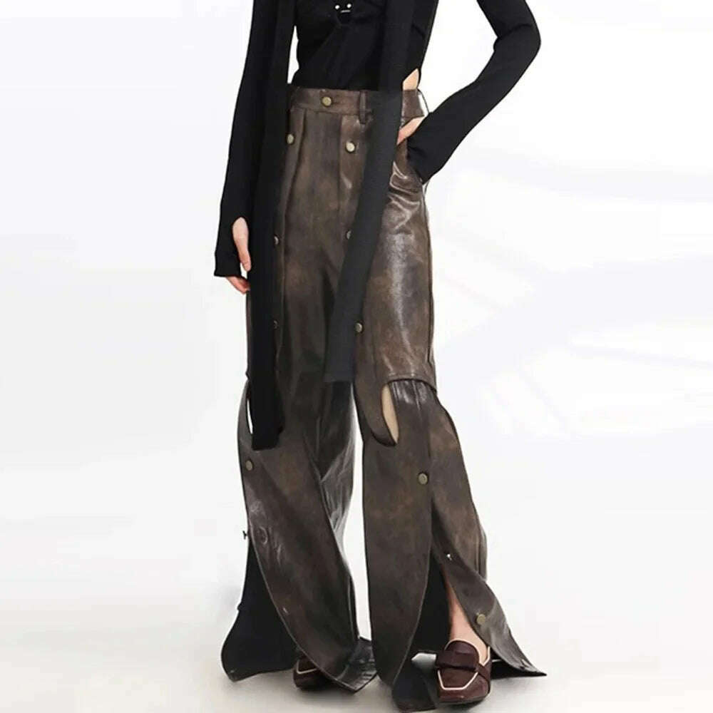 KIMLUD, TWOTWINSTYLE Colorblock Hollow Out Casual Loose Leather Pants High Waist Spliced Button Wide Leg Pant Female Fashion Clothing, KHAKI / S, KIMLUD APPAREL - Womens Clothes