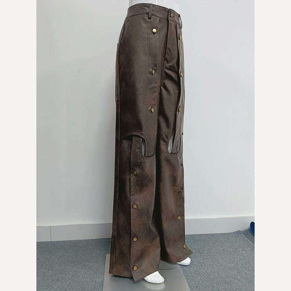 KIMLUD, TWOTWINSTYLE Colorblock Hollow Out Casual Loose Leather Pants High Waist Spliced Button Wide Leg Pant Female Fashion Clothing, KIMLUD Womens Clothes