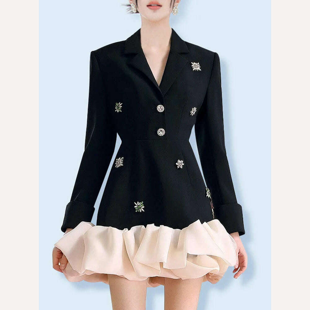 KIMLUD, TWOTWINSTYLE Colorblock Patchwork Diamonds Elegant Dresses For Women V Neck Long Sleeve High Waist Spliced Organza Dress Female, KIMLUD Womens Clothes