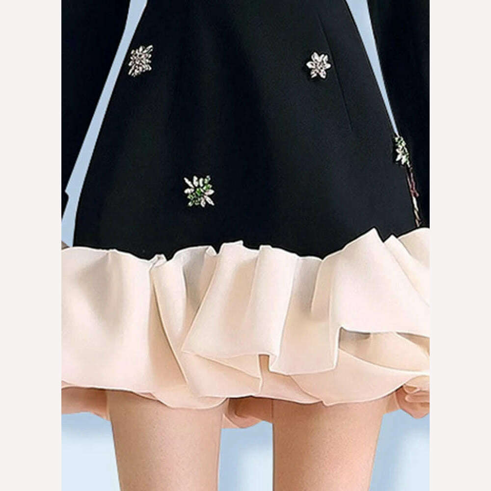 KIMLUD, TWOTWINSTYLE Colorblock Patchwork Diamonds Elegant Dresses For Women V Neck Long Sleeve High Waist Spliced Organza Dress Female, KIMLUD Womens Clothes